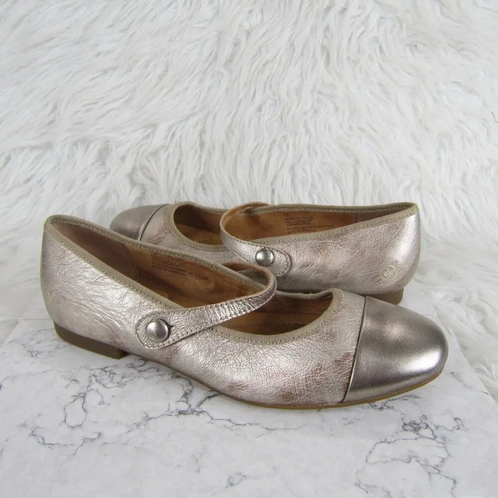 BORN Batti Mary Jane Leather Flats Metallic Light Gold Bronze Combo Size 7M NWOB